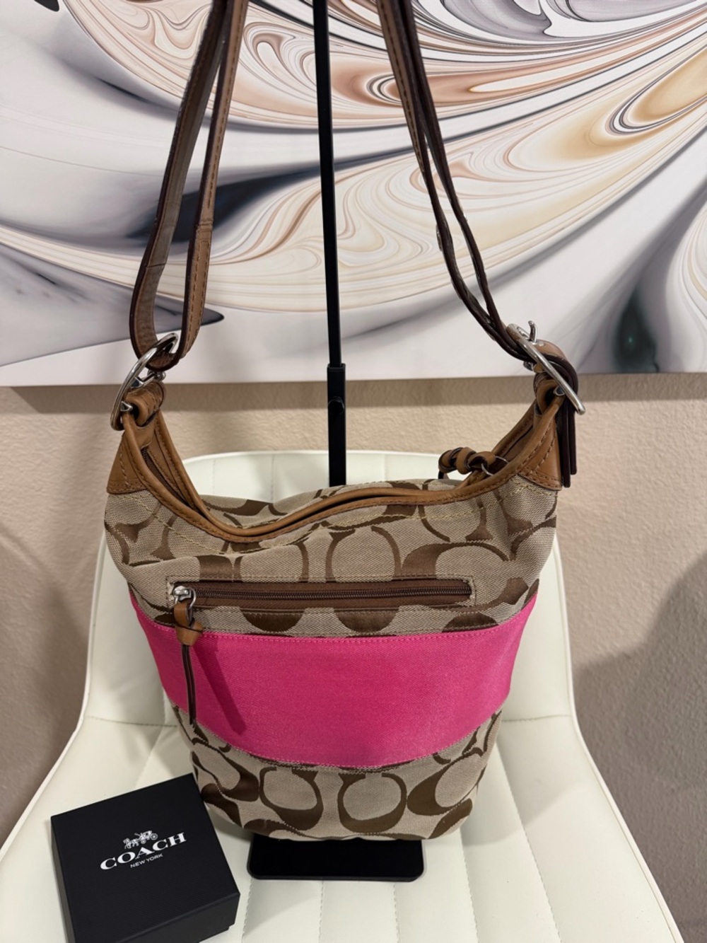 EUC COACH Stripe Rugby Duffle in Pink and Brown Signature Canvas F13362